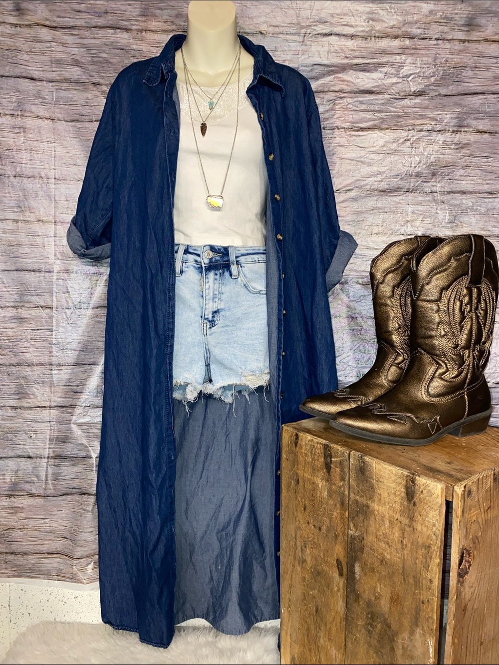 Speed Limit MPH Denim Lightweight Navy Button-Front Duster Coat